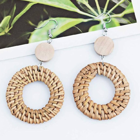 Bohemian Hand Woven Rattan Hoop Dangle Earrings - Picture 4 of 4